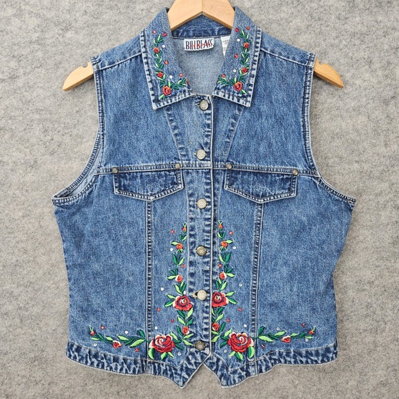 bill blass Jackets & Blazers - Bill Blass Denim Vest Women's Blue Medium Embroidered Floral Rose Rhinestone 90s